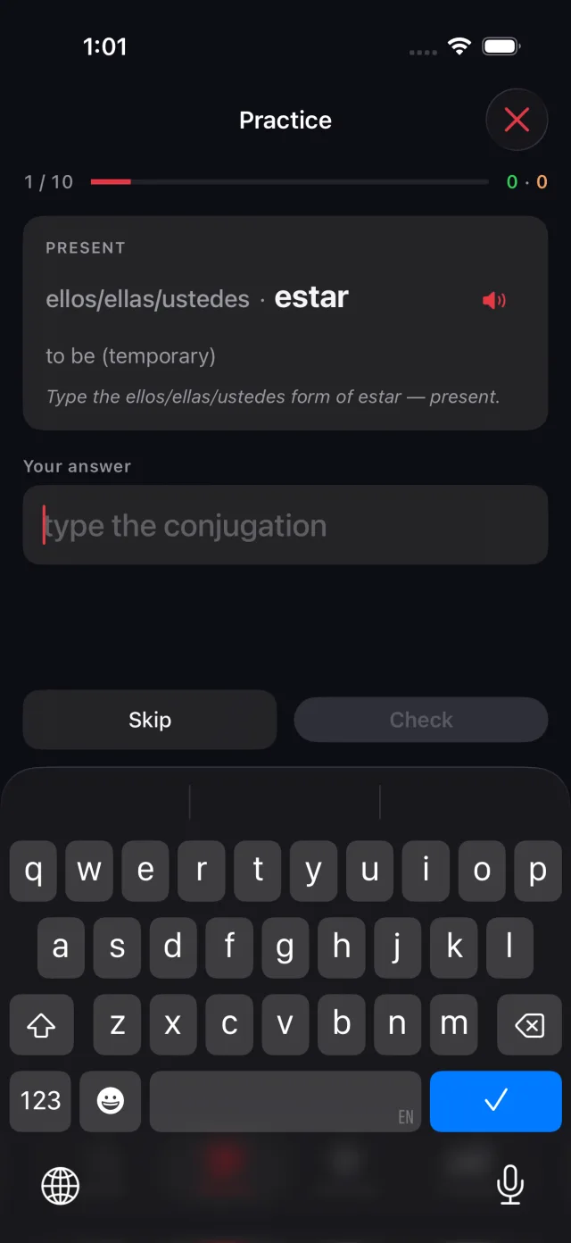 Practice screen asking for the ellos form of estar in the present